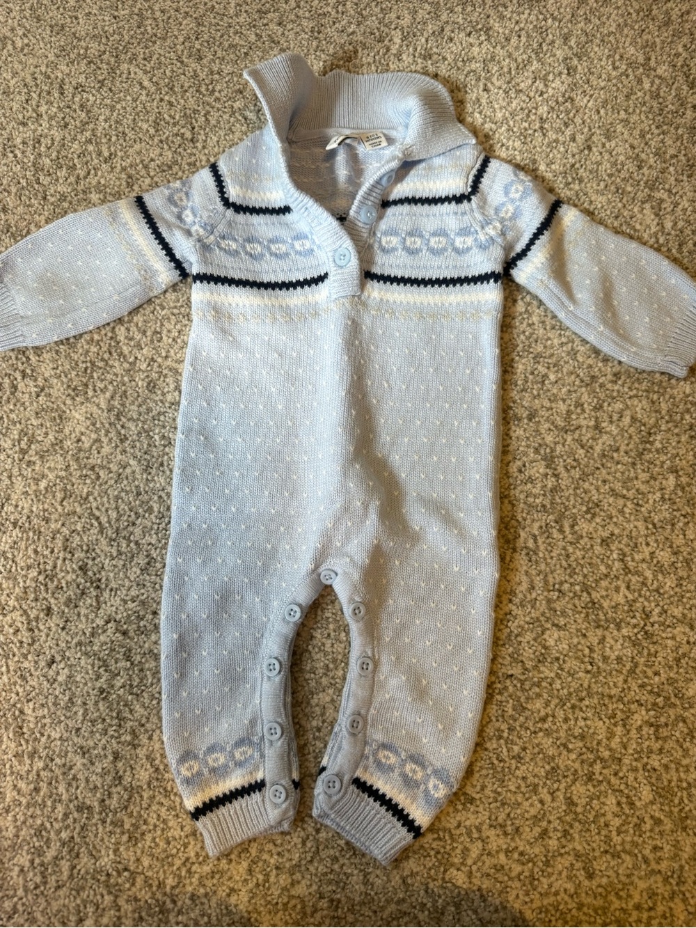 Janie and Jack Light Blue Knit Footie with Navy & Cream Trim